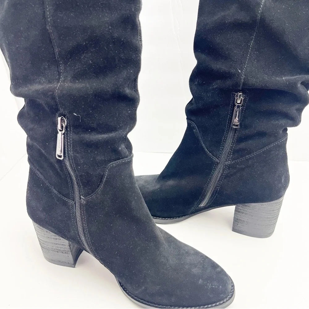 BLONDO Nada Black Leather Stacked Heel Waterproof Knee High Boots, Size 9.5